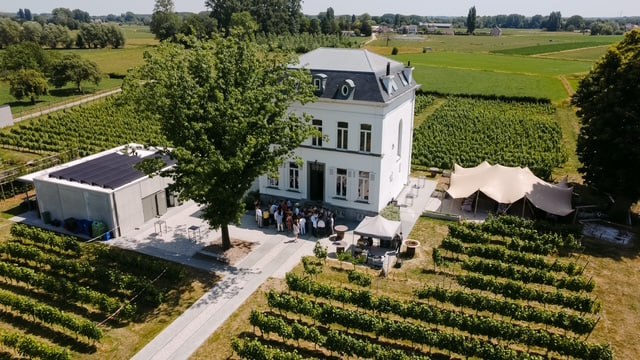 Luchtfoto Domein Leeflank met herenhuis, wijngaard en stretchtent