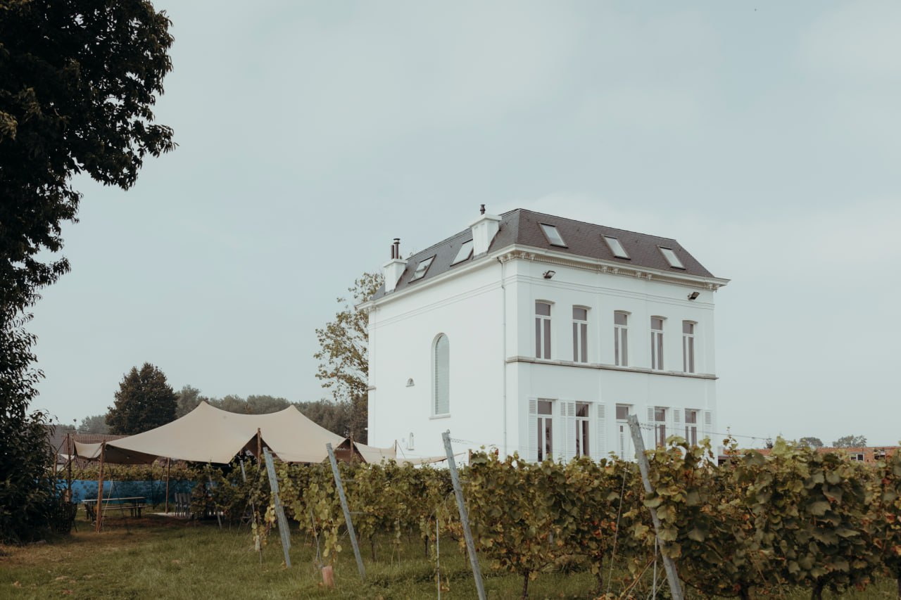 Zijkant stretchtent met herenhuis